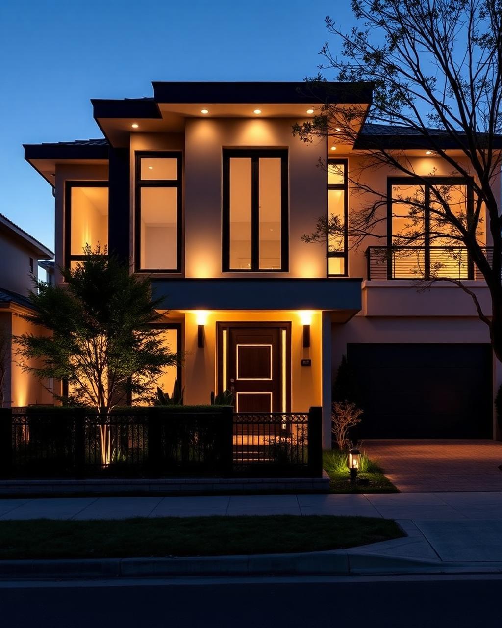 Fachada de residência moderna ao entardecer