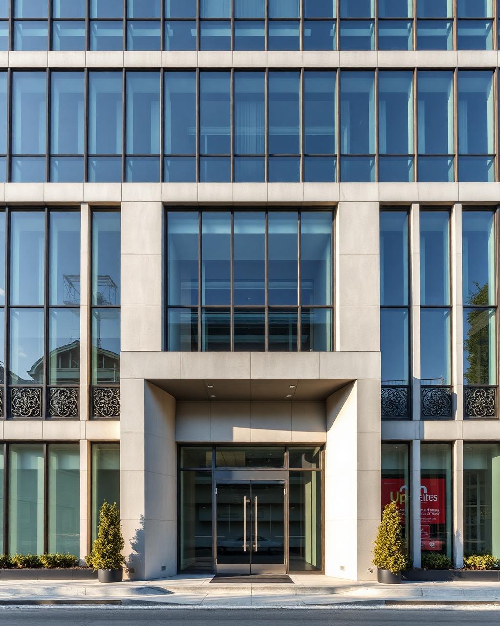 Fachada corporativa com entrada de prédio comercial